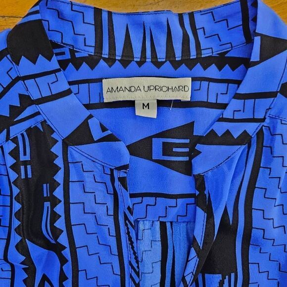 Amanda Uprichard Silk Top Blouse Size Medium Aztec Print Blue Black - Picture 4 of 6